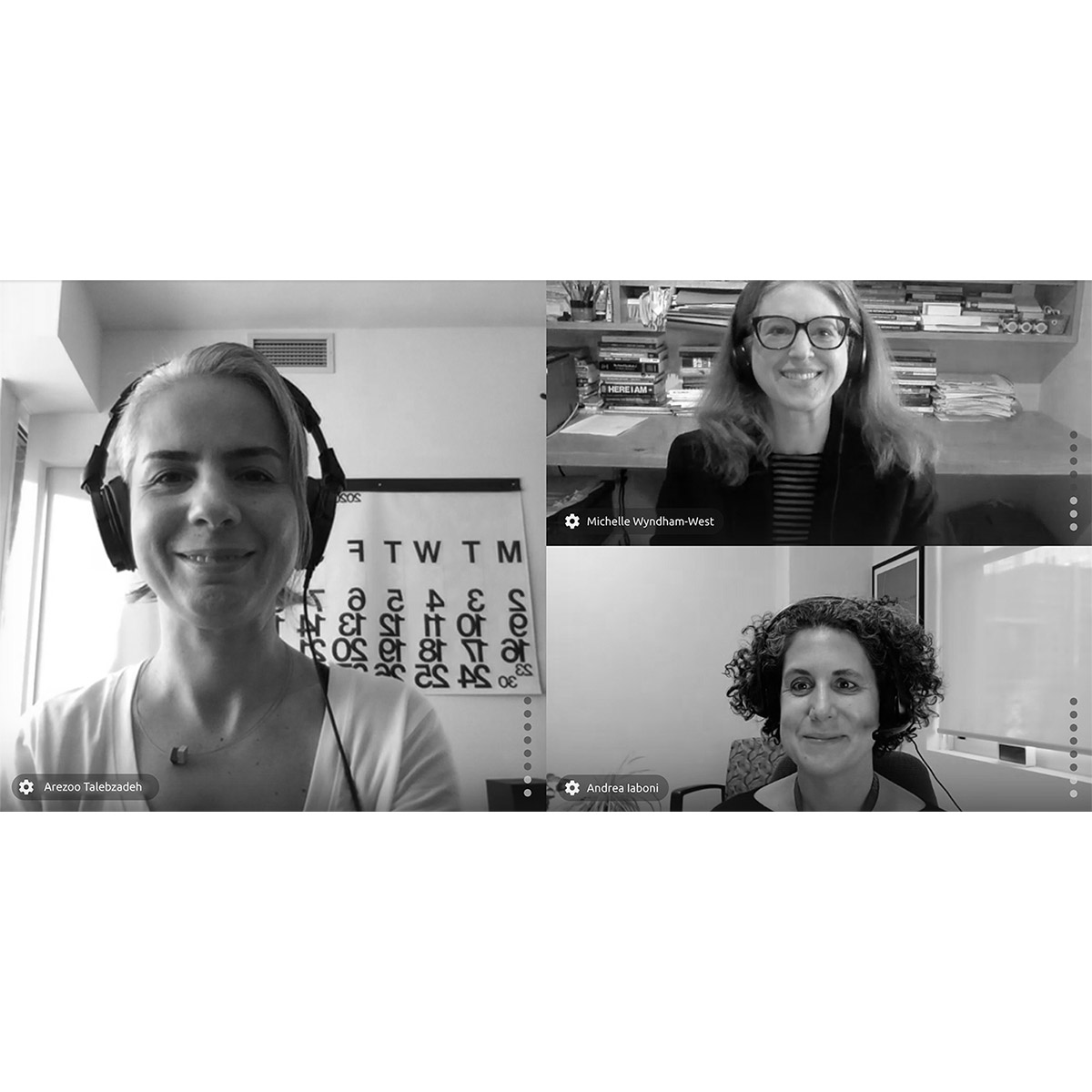 Portraits of Arezoo, Michelle and Andrea in an online meeting
