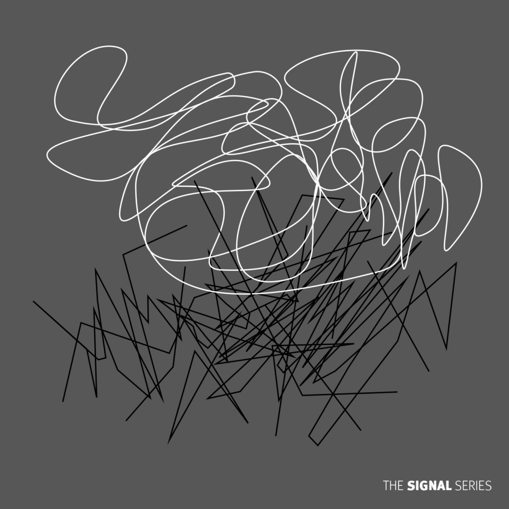 An abstract illustration of white and black lines on a dark gray background