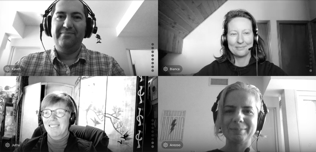 Portraits of Bianca, Jutta, Arezoo and Kaveh in an online meeting.